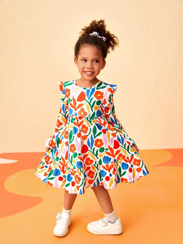 Floral Print Dress For Young Girls , Colorful And Casual, Suitable For Spring And Autumn Trendy Wear