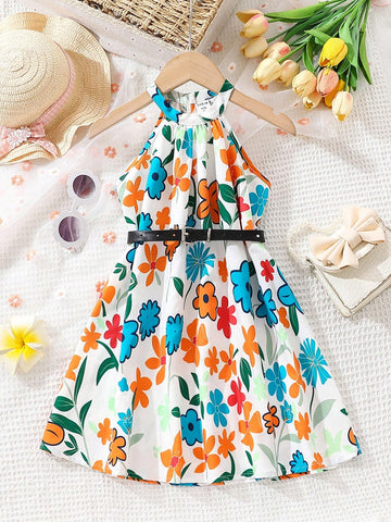 Floral Print Strap Waist Sleeveless Young Girl Dress
