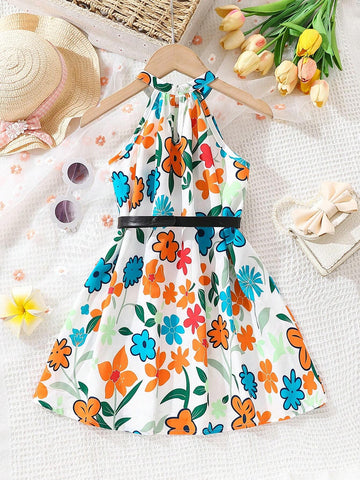 Floral Print Strap Waist Sleeveless Young Girl Dress