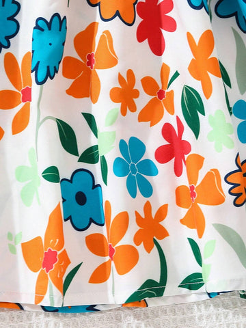 Floral Print Strap Waist Sleeveless Young Girl Dress