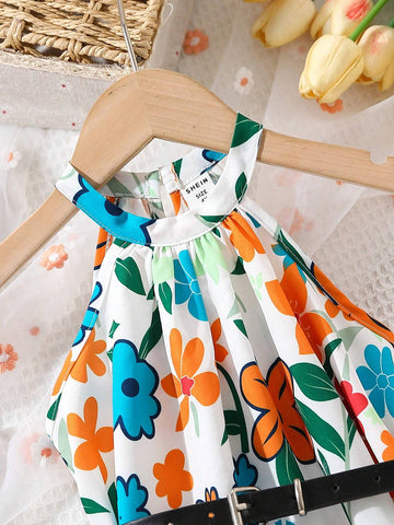 Floral Print Strap Waist Sleeveless Young Girl Dress