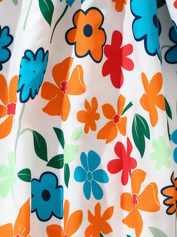 Floral Print Strap Waist Sleeveless Young Girl Dress