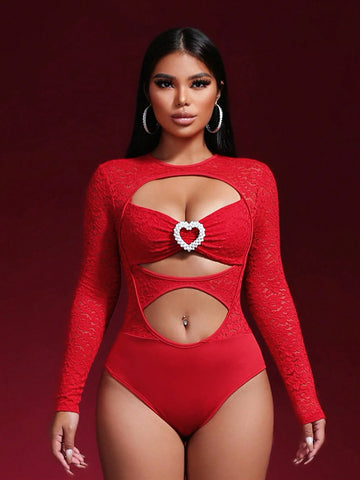 1pc Valentine's Day Lace Hollow Out Romantic Heart Lingerie Bodysuit