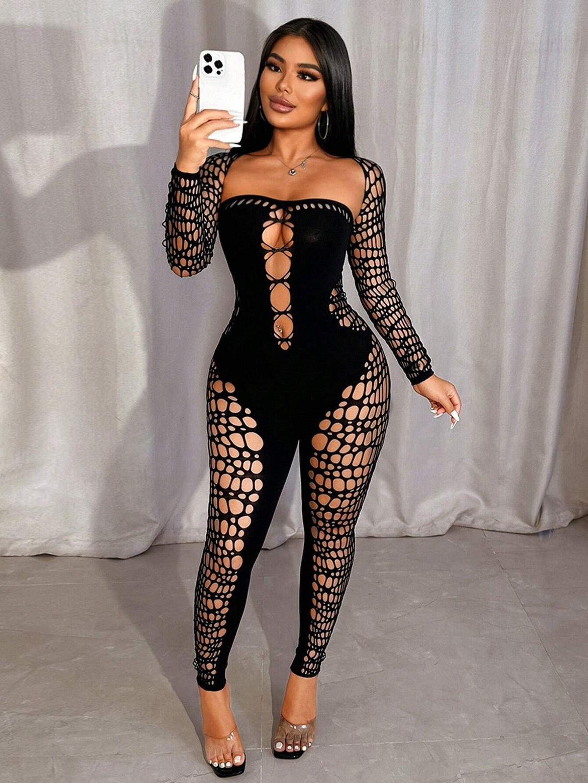 1pc Women's Hollow Heart Neck Long Sleeve See-Through Sexy Mesh Jumpsuit