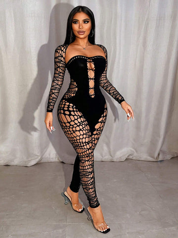 1pc Women's Hollow Heart Neck Long Sleeve See-Through Sexy Mesh Jumpsuit