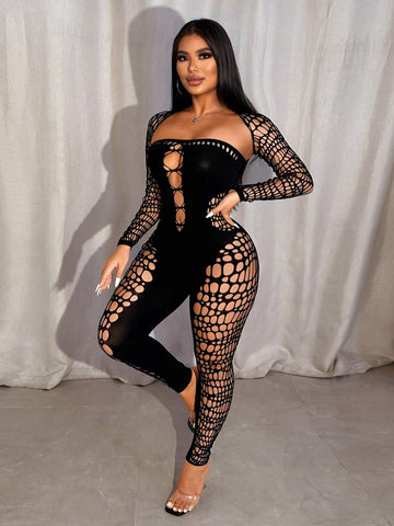 1pc Women's Hollow Heart Neck Long Sleeve See-Through Sexy Mesh Jumpsuit