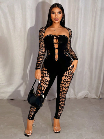 1pc Women's Hollow Heart Neck Long Sleeve See-Through Sexy Mesh Jumpsuit