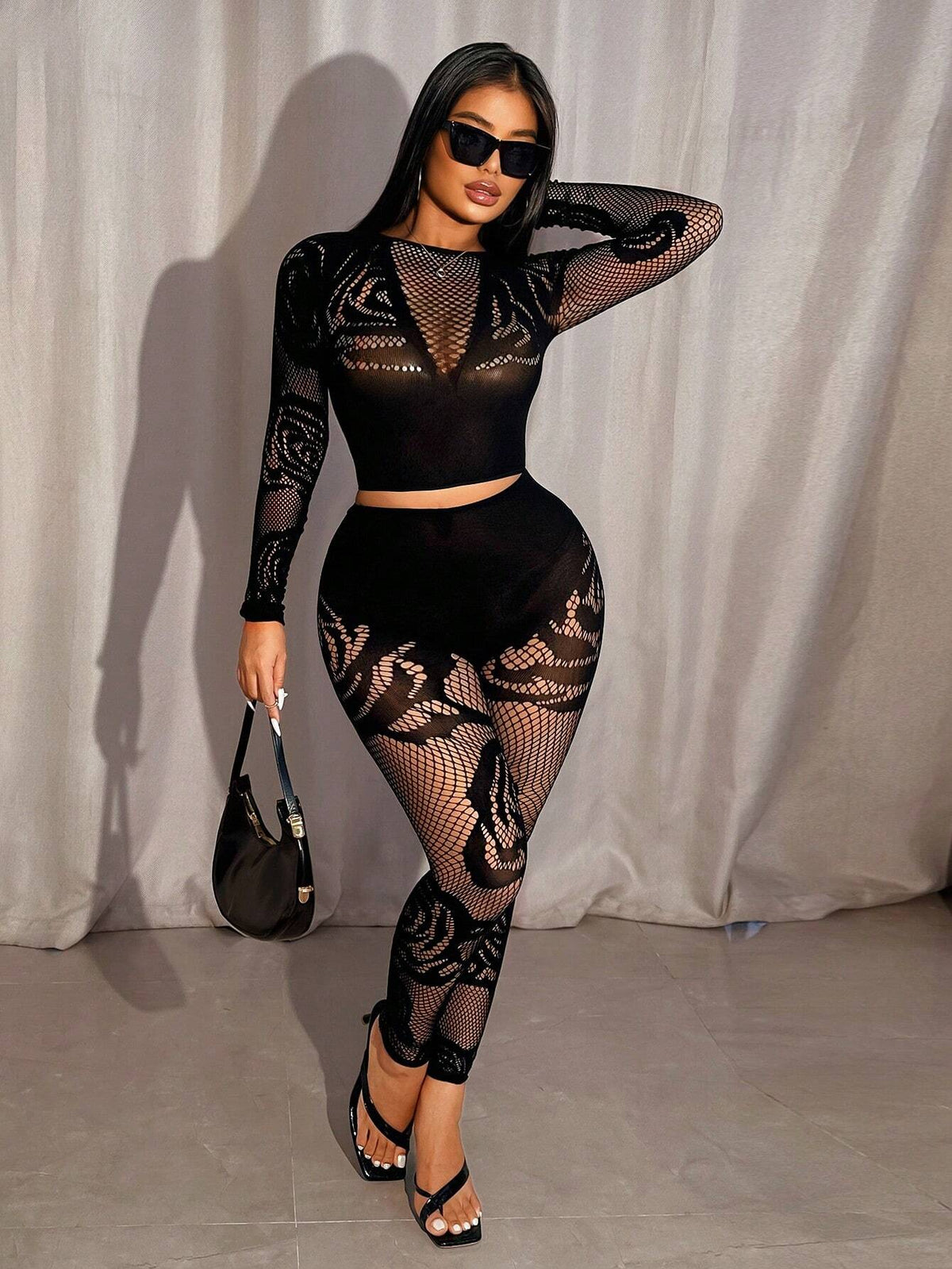 2pcs/Set Women Plain Crew Neck Long Sleeve Hollow-Out Minimalist Top And Casual Pants