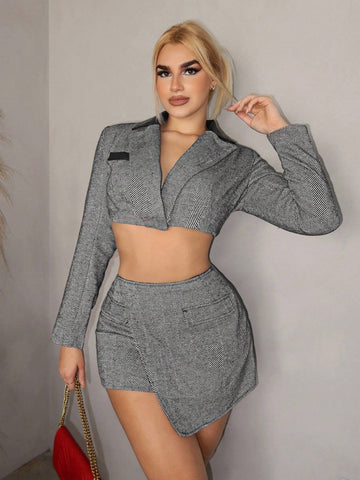 2pcs Women Solid Color Patchwork Lapel Neck Long Sleeve Short Jacket And A-Line Skirt Set, Sexy Two Pieces Set, Business Casual Women, Fall And Winter Clothes, Elegant, Old Money Style, New Fall/Winter 2024
