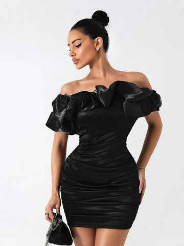 Autumn/Winter Ruched Off Shoulder Bodycon Dress, Suitable For Dates, Parties, And Everyday Wear