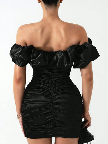 Autumn/Winter Ruched Off Shoulder Bodycon Dress, Suitable For Dates, Parties, And Everyday Wear