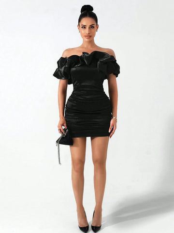 Autumn/Winter Ruched Off Shoulder Bodycon Dress, Suitable For Dates, Parties, And Everyday Wear