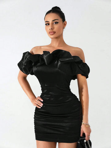 Autumn/Winter Ruched Off Shoulder Bodycon Dress, Suitable For Dates, Parties, And Everyday Wear