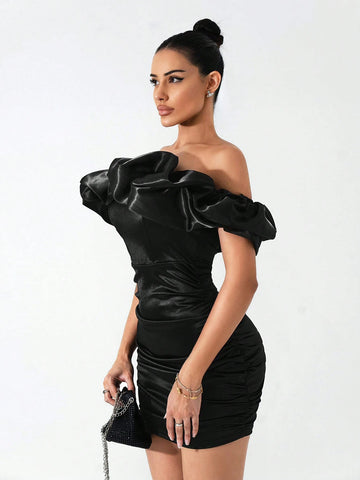 Autumn/Winter Ruched Off Shoulder Bodycon Dress, Suitable For Dates, Parties, And Everyday Wear