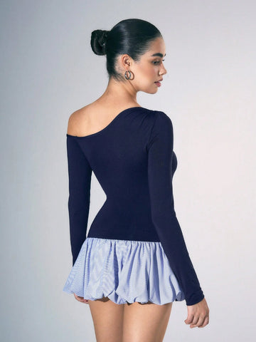 FALL Winter Slash Neck Long Sleeve Patchwork Striped Office Sexy Commuter Women's Mini