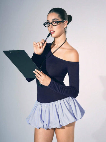 FALL Winter Slash Neck Long Sleeve Patchwork Striped Office Sexy Commuter Women's Mini