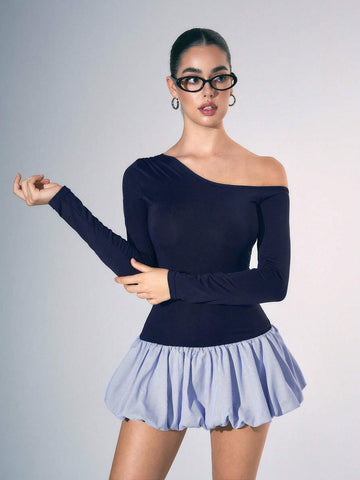 FALL Winter Slash Neck Long Sleeve Patchwork Striped Office Sexy Commuter Women's Mini