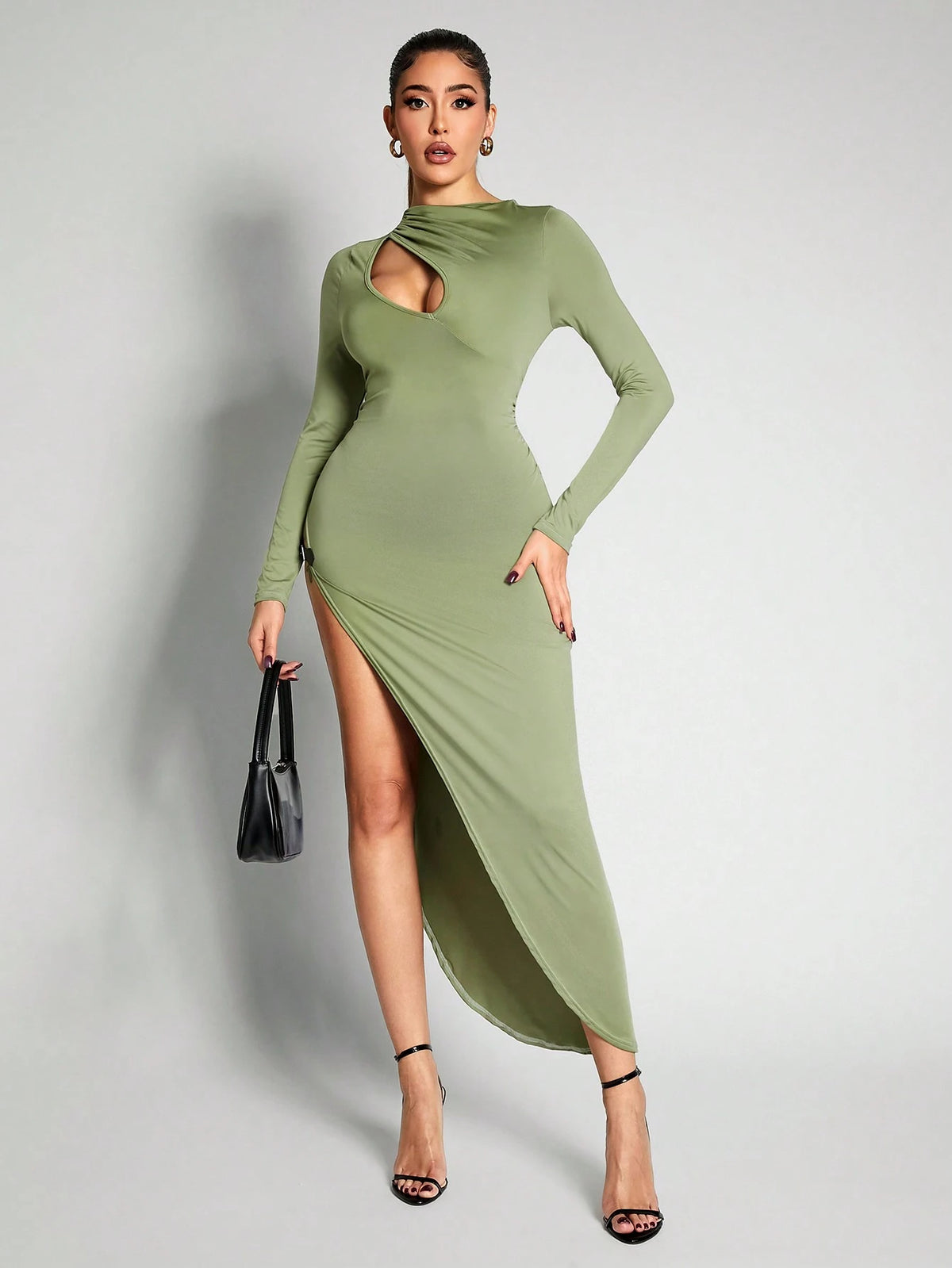 Fall And Winter Skin-Friendly Stretch Scoop Neck Asymmetrical High Split Hem Contrast Belt Decor