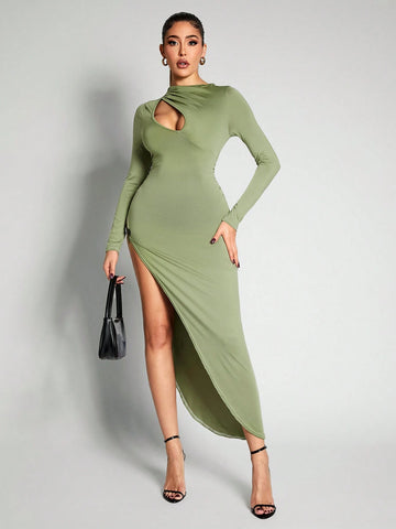 Fall And Winter Skin-Friendly Stretch Scoop Neck Asymmetrical High Split Hem Contrast Belt Decor