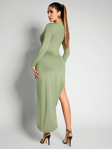 Fall And Winter Skin-Friendly Stretch Scoop Neck Asymmetrical High Split Hem Contrast Belt Decor