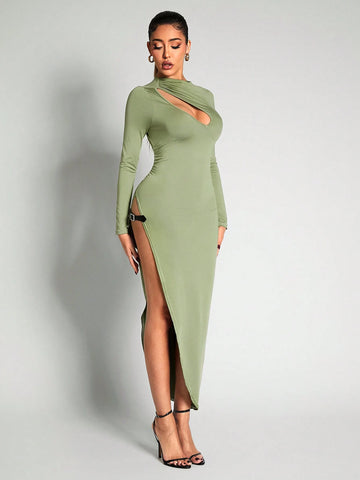 Fall And Winter Skin-Friendly Stretch Scoop Neck Asymmetrical High Split Hem Contrast Belt Decor