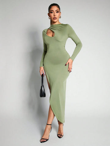 Fall And Winter Skin-Friendly Stretch Scoop Neck Asymmetrical High Split Hem Contrast Belt Decor