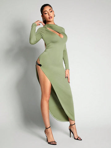 Fall And Winter Skin-Friendly Stretch Scoop Neck Asymmetrical High Split Hem Contrast Belt Decor