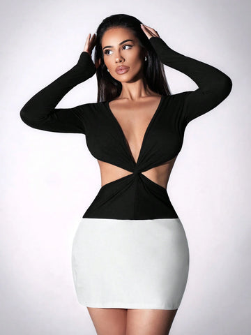 Foxxy Criss-Cross Waist Cutout Long Sleeve Bodycon Mini Dress For Women