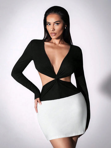 Foxxy Criss-Cross Waist Cutout Long Sleeve Bodycon Mini Dress For Women