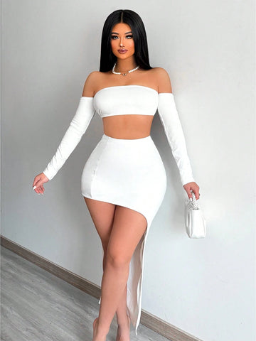 Off-The-Shoulder Super Crop Top And Asymmetrical Hem Bodycon Skirt Set