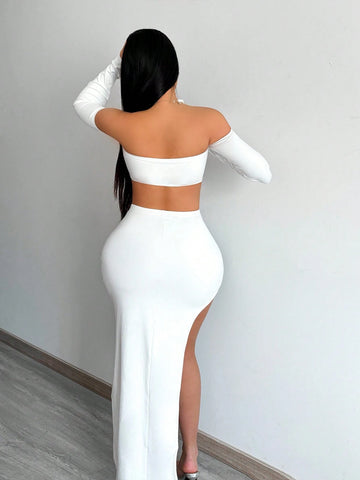 Off-The-Shoulder Super Crop Top And Asymmetrical Hem Bodycon Skirt Set