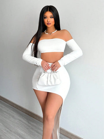 Off-The-Shoulder Super Crop Top And Asymmetrical Hem Bodycon Skirt Set