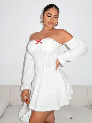 White Cuff Bow Dress Solid Color Slim Fit Fashionable
