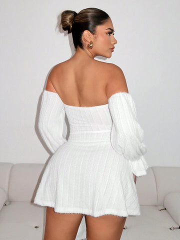 White Cuff Bow Dress Solid Color Slim Fit Fashionable