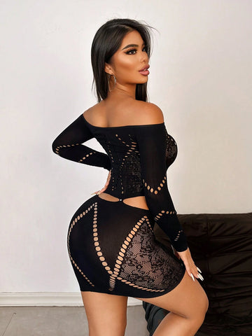 Women Hollow Sexy Mesh See-Through Off-Shoulder Dress, Summer