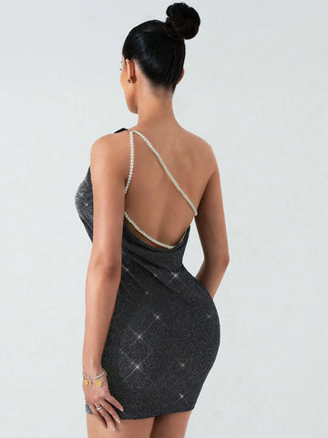 Women Pearl Embellished Draped Neck Short Shift Dress