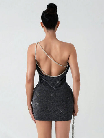 Women Pearl Embellished Draped Neck Short Shift Dress