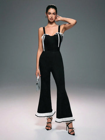 Women Solid Color Cami Contrast Bow Decor Flare Leg Jumpsuit