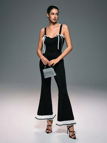 Women Solid Color Cami Contrast Bow Decor Flare Leg Jumpsuit