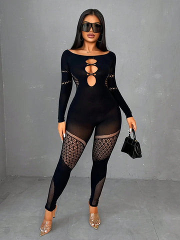 Women Solid Color Crew Neck See Through Sexy Long Sleeve Jumpsuit