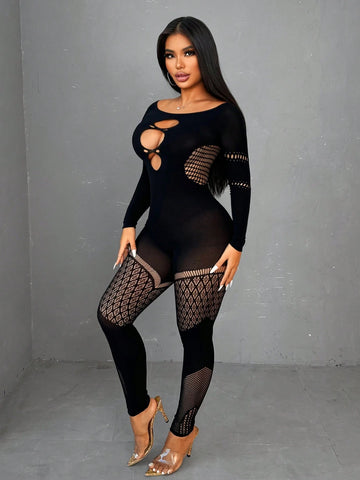Women Solid Color Crew Neck See Through Sexy Long Sleeve Jumpsuit