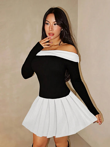 Women's Elegant Sexy Off The Shoulder Black And White Pleated Mini Dresses, In Fall Women