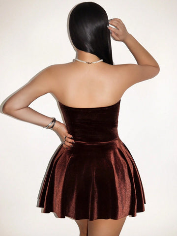 Women's Elegant Sexy Solid Color Cinched Waist Mini Bandeau Dress