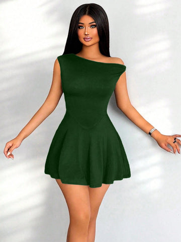 Women's Elegant Solid Color Asymmetrical Neckline Mini Dress