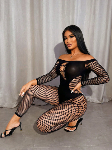 Women's Off Shoulder Long Sleeve Hollow Out Sexy Fashionable Mesh Jumpsuit