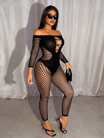 Women's Off Shoulder Long Sleeve Hollow Out Sexy Fashionable Mesh Jumpsuit