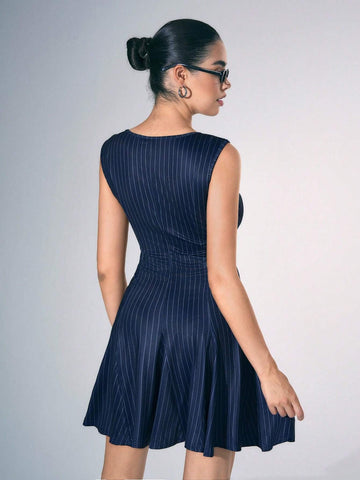 Women's Sleeveless Vertical Striped A-Line Mini Dress, Sexy Office Outfit, Autumn