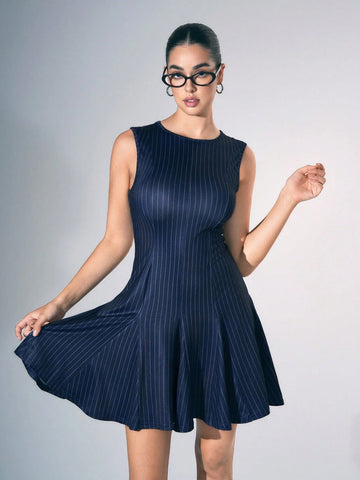 Women's Sleeveless Vertical Striped A-Line Mini Dress, Sexy Office Outfit, Autumn