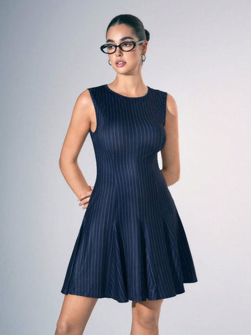 Women's Sleeveless Vertical Striped A-Line Mini Dress, Sexy Office Outfit, Autumn