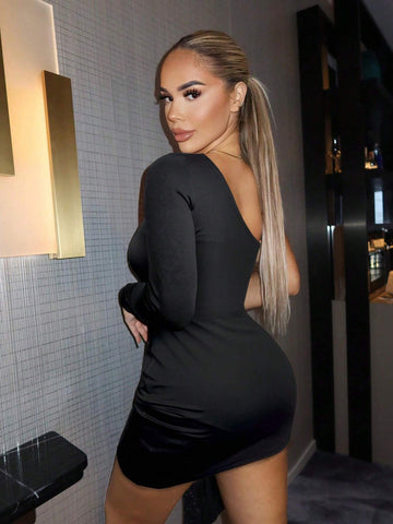 Women's Solid Color One Shoulder Long Sleeve Ruffle Trim Short Fashionable Dress